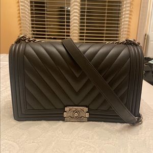 Large chevron chanel black boy bag